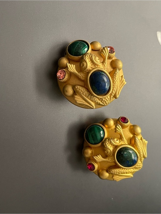Natasha Stambouli Jewelry - Natasha Stambouli Gold-Tone Frog Motif Drop Earrings with Green and Blue Stones